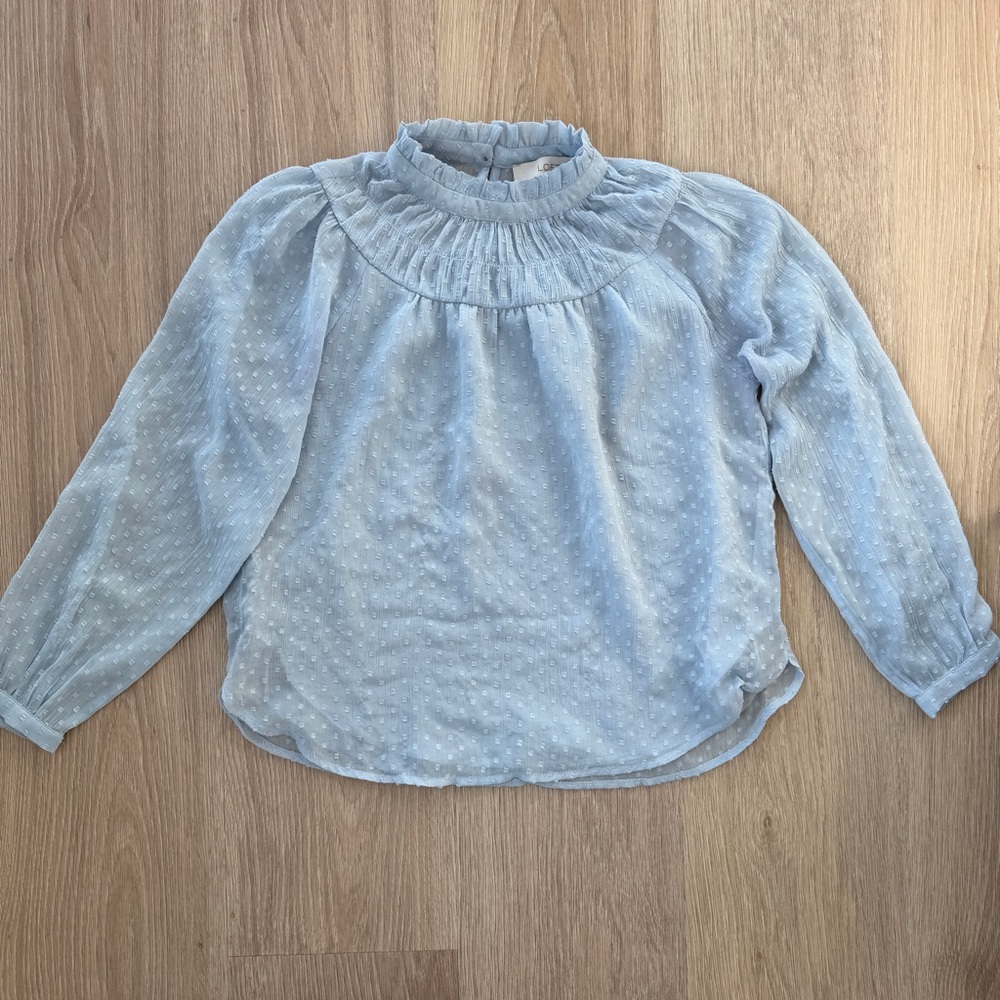 Loft Light Blue Sheer Polka Dot High Neck Long Sleeve Top